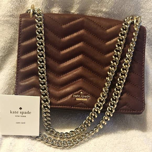 New Kate Spade Reese Park Marci Cherry Leather Quilted Chevron Flap Chain Purse - Picture 2 of 8